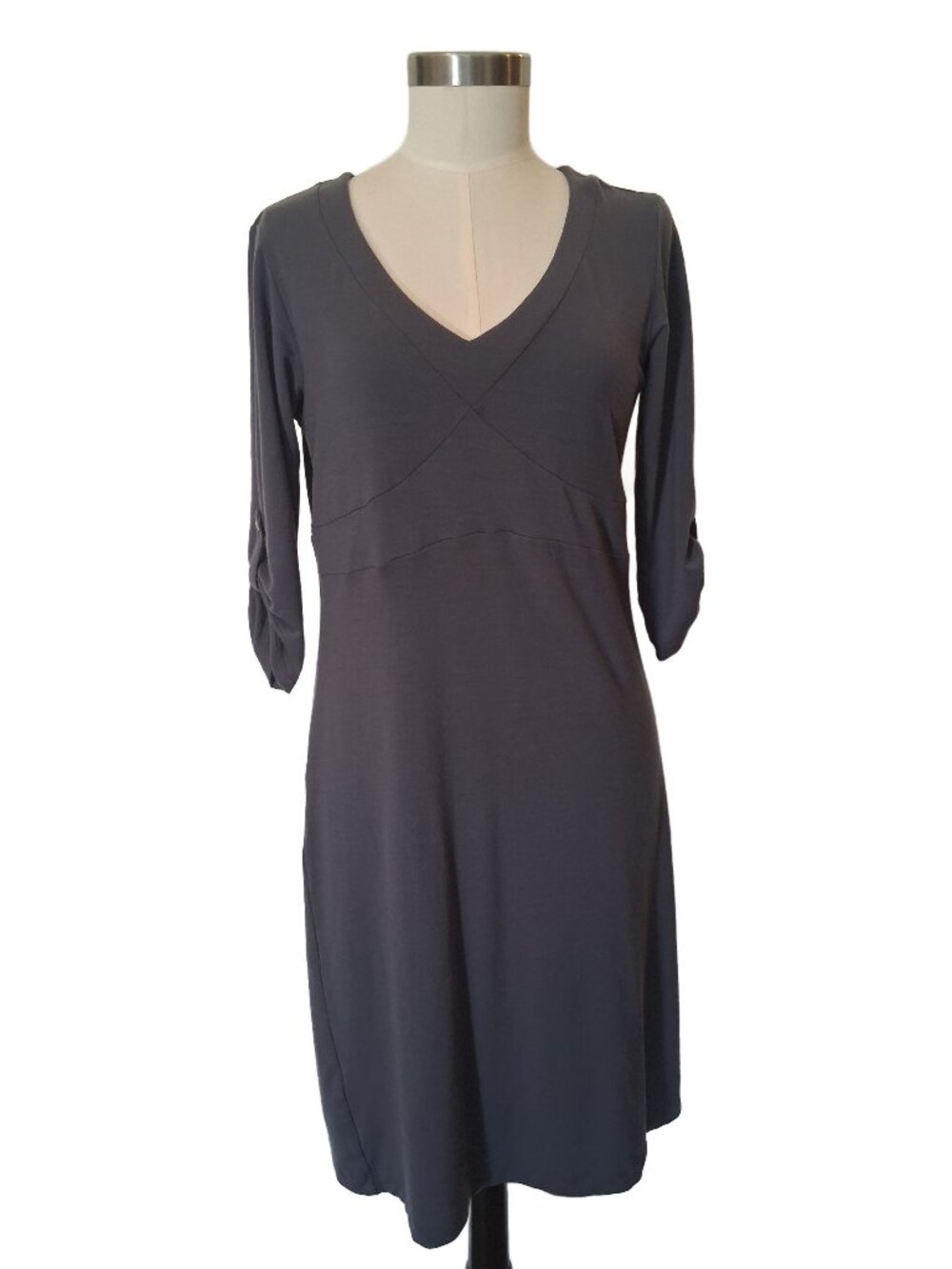 MEC Gray Women's Merino Wool Dress V-Neck & Roll-tab Sleeves Large